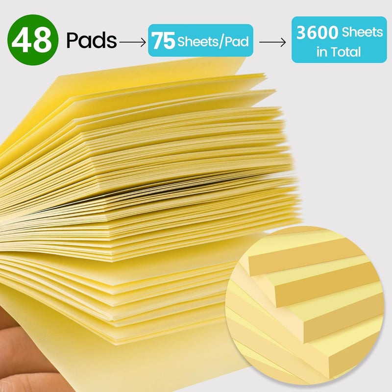 YEECOK (48 Pack) Sticky Notes 3x3 in Yellow, Clean Removal, Recyclable, Self-Stick Pads, Easy to Post for Home, Office, Notebook - Image 3